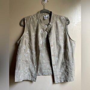 Linen Rayon Floral Embroidered Tan Vest cold water creek size 16 boho western